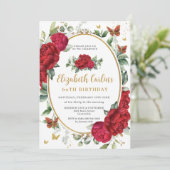 ヴィンテージレッドピーニーフローラ蝶誕生日 招待状 (スタンド正面)