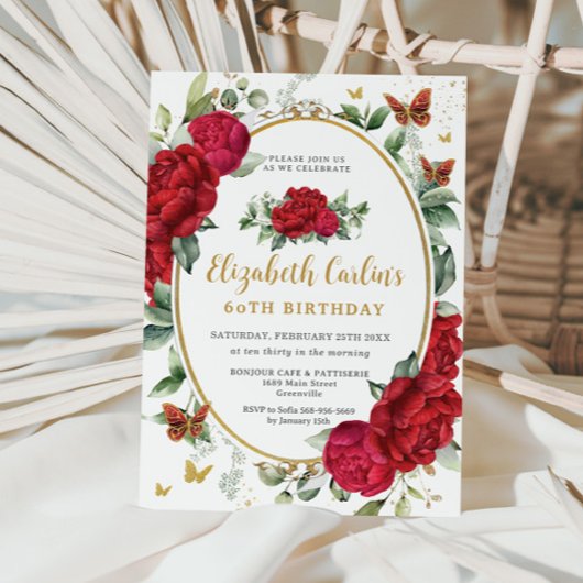 ヴィンテージレッドピーニーフローラ蝶誕生日 招待状