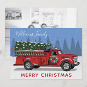 ヴィンテージレッドファイアトラッククリスマスツリーファミリー写真 シーズンカード (正面/裏面)
