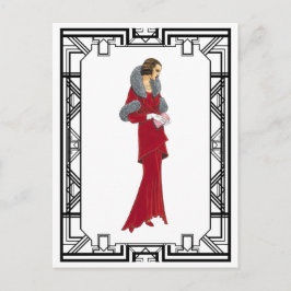 ヴィンテージレッドファーコートレトロファッションイラストレーション ポストカード