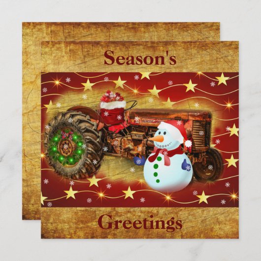 ヴィンテージレッドファームトラクタークリスマス シーズンカード (正面/裏面)