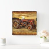 ヴィンテージレッドファームトラクタ スクエア壁時計 (ホーム)