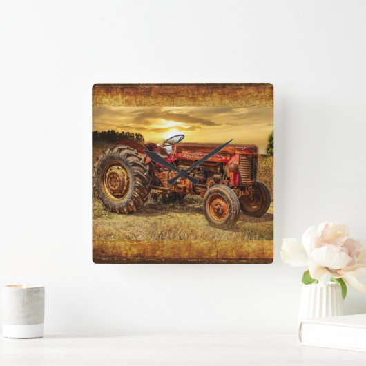ヴィンテージレッドファームトラクタ スクエア壁時計 (ホーム)