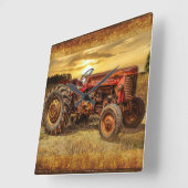 ヴィンテージレッドファームトラクタ スクエア壁時計 (傾斜)