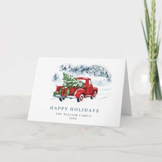 ヴィンテージレッドファームトラッククリスマスグリーティング シーズンカード (正面)