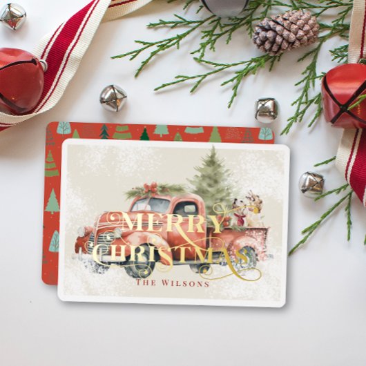 ヴィンテージレッドファームトラッククリスマスツリードッグ 箔シーズンカード