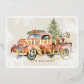 ヴィンテージレッドファームトラッククリスマスツリードッグ 箔シーズンカード (正面)