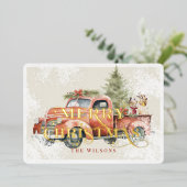 ヴィンテージレッドファームトラッククリスマスツリードッグ 箔シーズンカード (立ち正面)