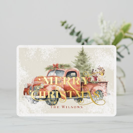 ヴィンテージレッドファームトラッククリスマスツリードッグ 箔シーズンカード (立ち正面)