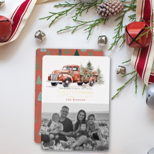 ヴィンテージレッドファームトラッククリスマスツリーフォトホワイト 箔シーズンカード