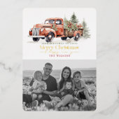 ヴィンテージレッドファームトラッククリスマスツリーフォトホワイト 箔シーズンカード (正面)