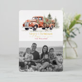 ヴィンテージレッドファームトラッククリスマスツリーフォトホワイト 箔シーズンカード (立ち正面)