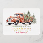 ヴィンテージレッドファームトラッククリスマスツリーホワイト 箔シーズンカード (正面)