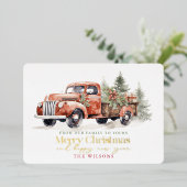 ヴィンテージレッドファームトラッククリスマスツリーホワイト 箔シーズンカード (立ち正面)