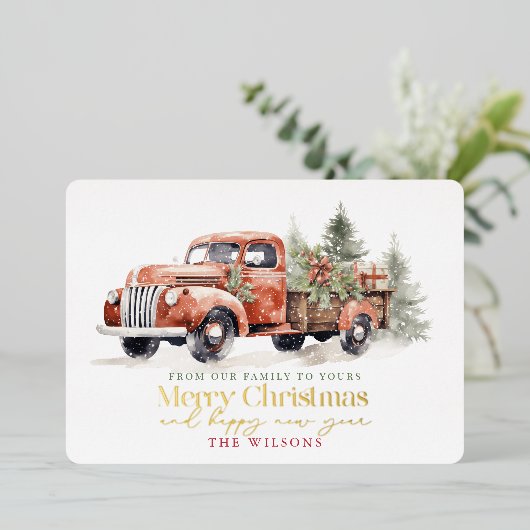 ヴィンテージレッドファームトラッククリスマスツリーホワイト 箔シーズンカード (立ち正面)