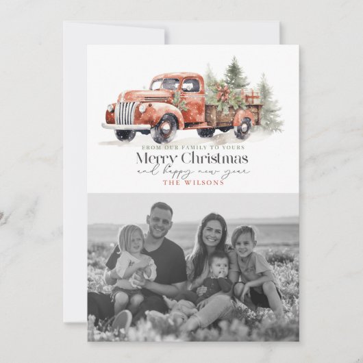 ヴィンテージレッドファームトラッククリスマスツリー写真 シーズンカード (正面)