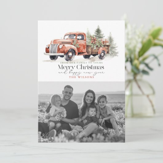 ヴィンテージレッドファームトラッククリスマスツリー写真 シーズンカード (スタンド正面)