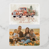 ヴィンテージレッドファームトラッククリスマスツリー写真 箔シーズンカード (正面)