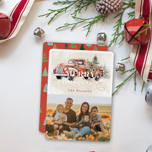 ヴィンテージレッドファームトラッククリスマスツリー写真 箔シーズンカード
