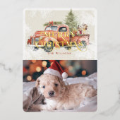 ヴィンテージレッドファームトラッククリスマスツリー犬の写真 箔シーズンカード (正面)