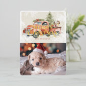 ヴィンテージレッドファームトラッククリスマスツリー犬の写真 箔シーズンカード (立ち正面)