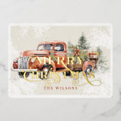 ヴィンテージレッドファームトラッククリスマスツリー 箔シーズンカード (正面)