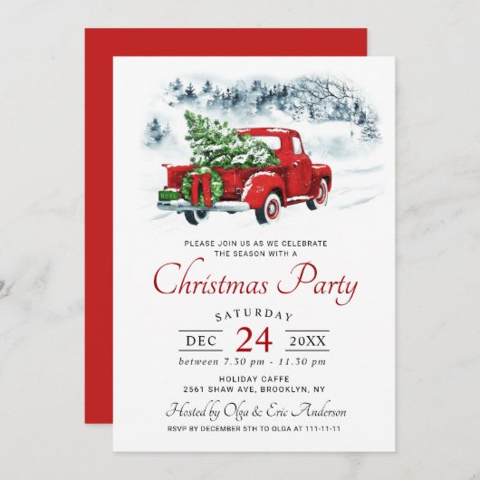 ヴィンテージレッドファームトラッククリスマスホリデーパーティー 招待状 (正面/裏面)