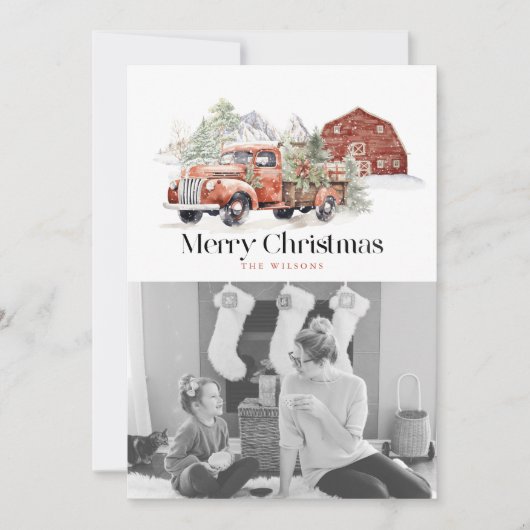 ヴィンテージレッドファームトラックバームクリスマスフォト シーズンカード (正面)