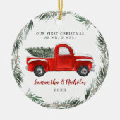 ヴィンテージレッドファームトラック|初めてのクリスマスズMr & Mrs セラミックオーナメント (正面)