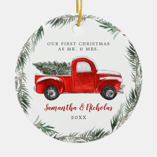 ヴィンテージレッドファームトラック|初めてのクリスマスズMr & Mrs セラミックオーナメント (正面)