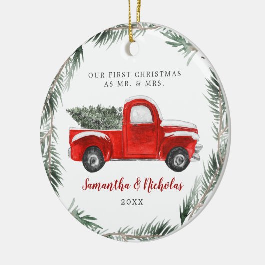 ヴィンテージレッドファームトラック|初めてのクリスマスズMr & Mrs セラミックオーナメント (左)