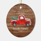 ヴィンテージレッドファームトラック |初めてのクリスマスミセス セラミックオーナメント (左)