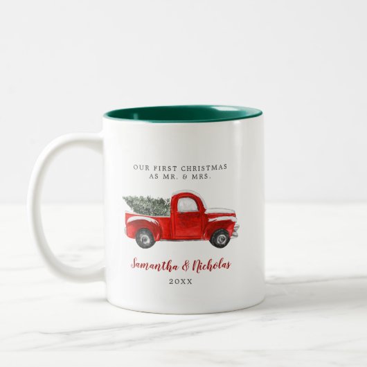 ヴィンテージレッドファームトラック |初めてのクリスマスミセス ツートーンマグカップ (左)