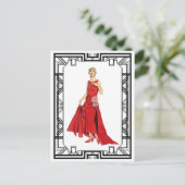ヴィンテージレッドフラッパースリンキーシルクガウンファッション ポストカード (スタンド正面)