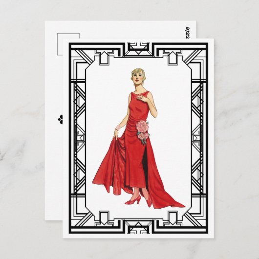 ヴィンテージレッドフラッパースリンキーシルクガウンファッション ポストカード (正面/裏面)