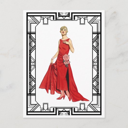 ヴィンテージレッドフラッパースリンキーシルクガウンファッション ポストカード (正面)
