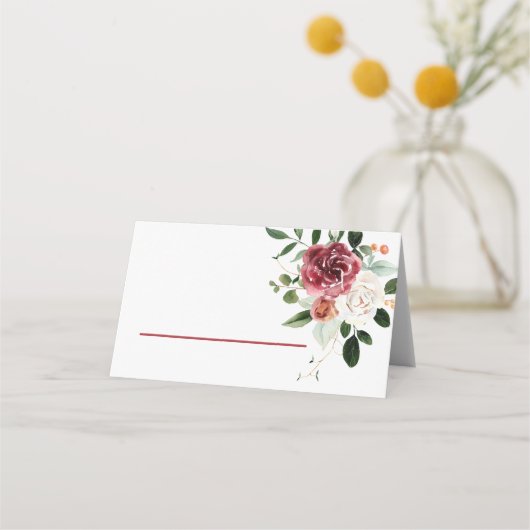 ヴィンテージレッドブルグンディホワイトローゼスバラフローラプラック プレイスカード (正面)