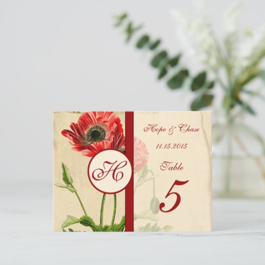 ヴィンテージレッドブルゴーニュのポピーのテーブル番号カード ポストカード (スタンド正面)