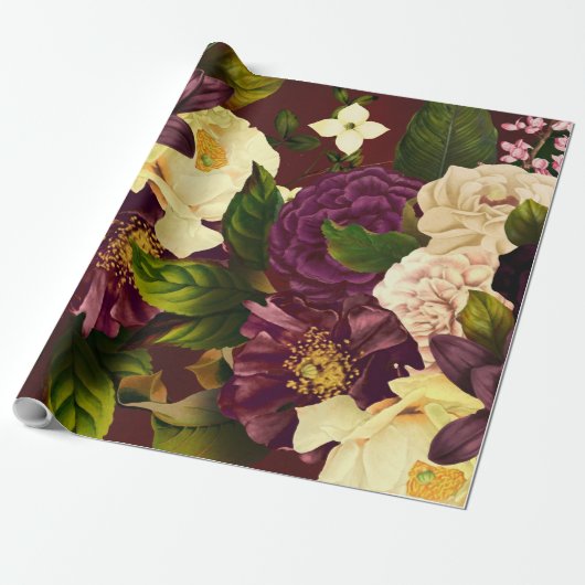 ヴィンテージレッドブルゴーニュ冬季ドラマチックフローラ ラッピングペーパー (アンロールド)
