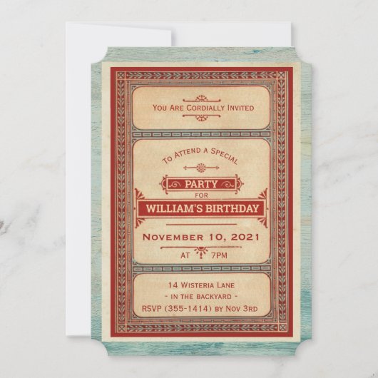 ヴィンテージレッドブルー誕生日パーティーへの招待 招待状 (正面)