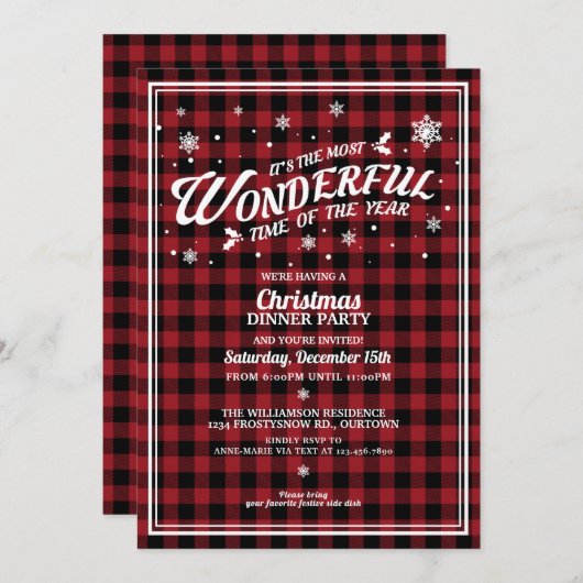ヴィンテージレッドプレイドクリスマスディナーパーティー 招待状 (正面/裏面)