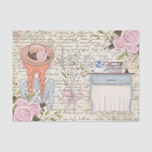 ヴィンテージレッドヘアガールバラオールドレターデコップページ 薄葉紙 (正面)