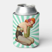 ヴィンテージレッドヘッドピンアップガールとバラクーラーボックス 缶クーラー (缶正面)