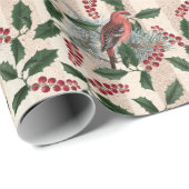 ヴィンテージレッドベリー鳥の緑のクリスマス ラッピングペーパー (ロールコーナー)