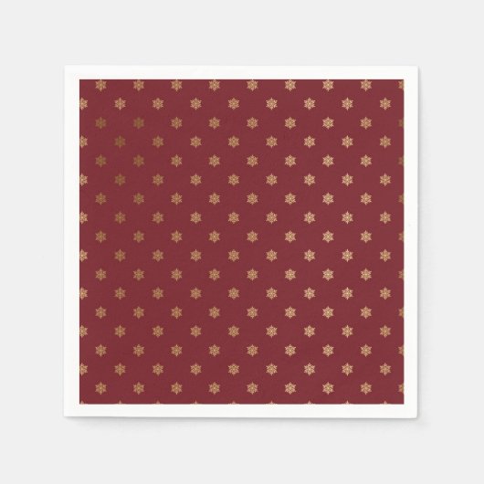 ヴィンテージレッドホリデー金ゴールドスノーフレーク スタンダードカクテルナプキン (正面)