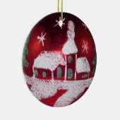 ヴィンテージレッドホワイトスノーウィークリスマスハウス セラミックオーナメント (右)