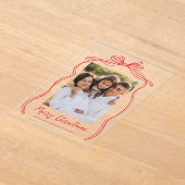 ヴィンテージレッドボウメリークリスマスフォト アクリル招待状 (レイダウン)