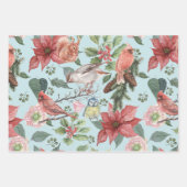 ヴィンテージレッドポインセチア冬の鳥クリスマス ラッピングペーパーシート (正面)