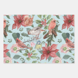 ヴィンテージレッドポインセチア冬の鳥クリスマス ラッピングペーパーシート