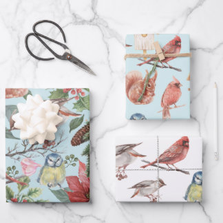 ヴィンテージレッドポインセチア冬の鳥クリスマス ラッピングペーパーシート